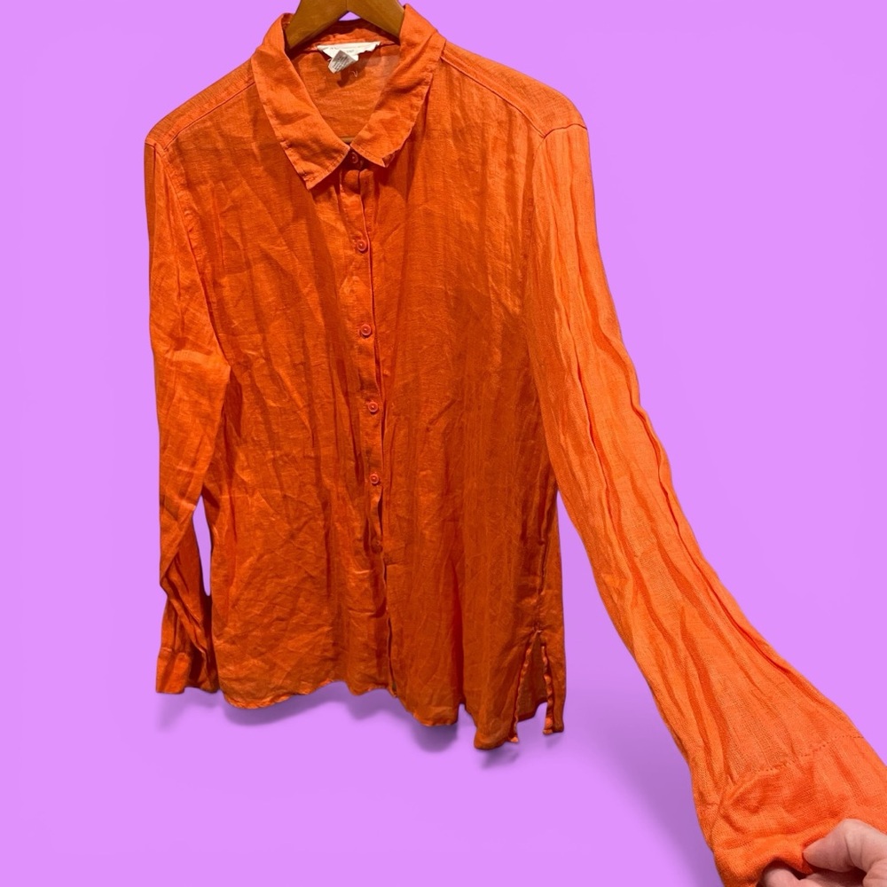 Cute tangerine linen flowy breezy beach blouse vacation pool summer bright